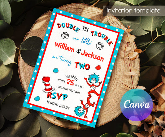 Dr Seuss The Cat in the Hat Twins customizable invitation template | Share or Print | NP088