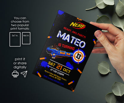 NERF Dart Wars customizable invitation template | Share or Print | boy | RA448