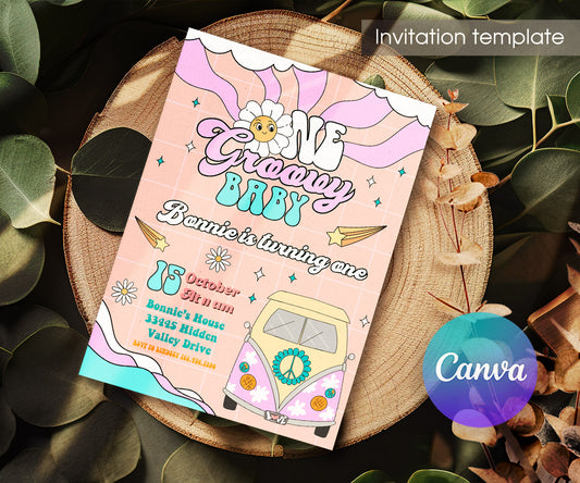 Groovy 1st Bday Hippie Van customizable invitation template | Share or Print | NY945
