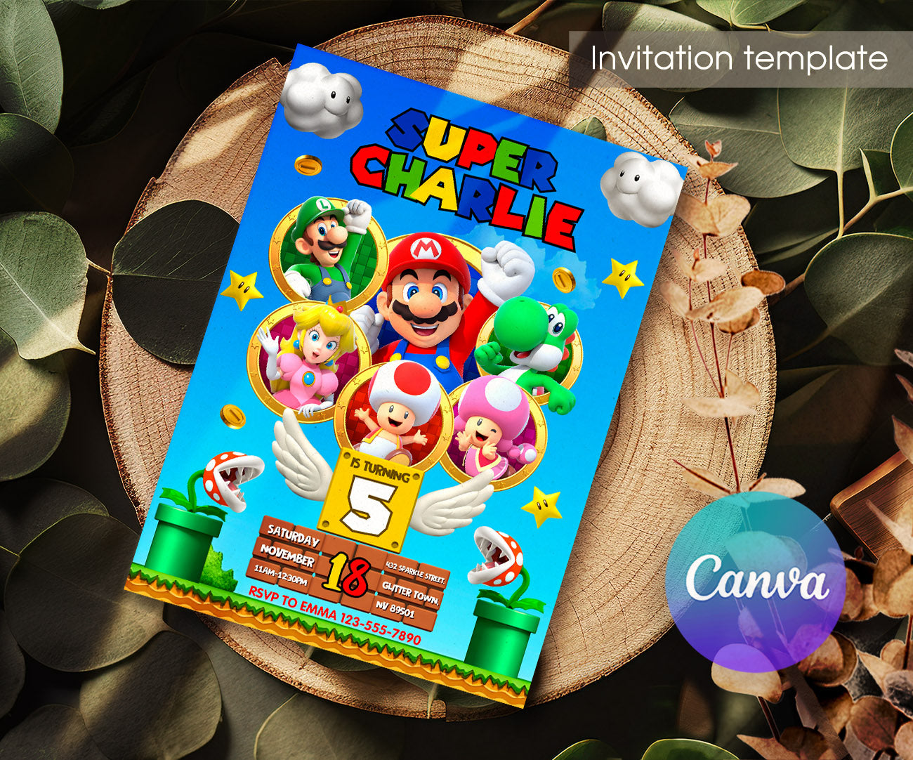 Super Mario Bros customizable invitation template | Share or Print | FK226