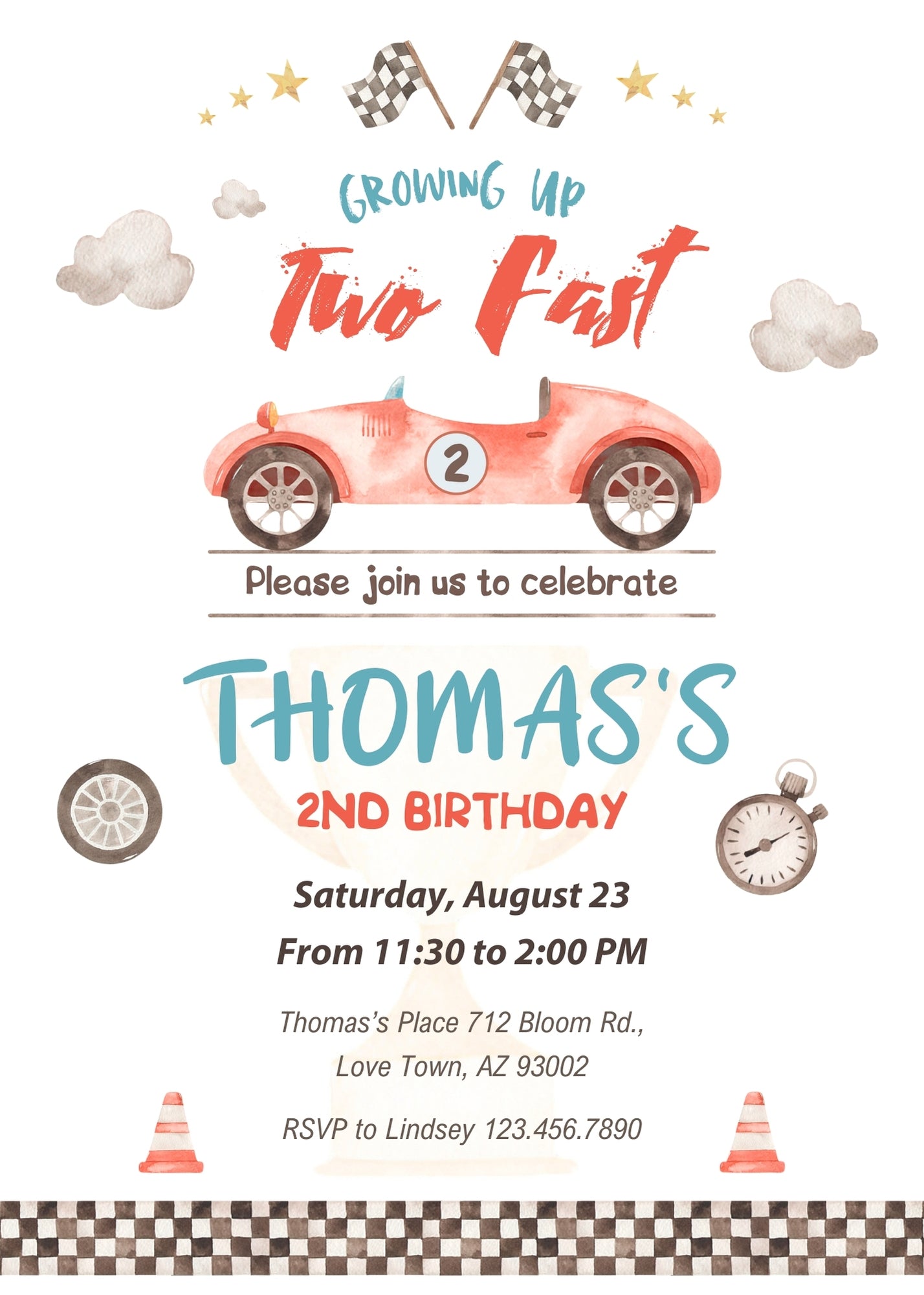 Race Car 2nd Bday Watercolor customizable invitation template | Share or Print | boy | LG319