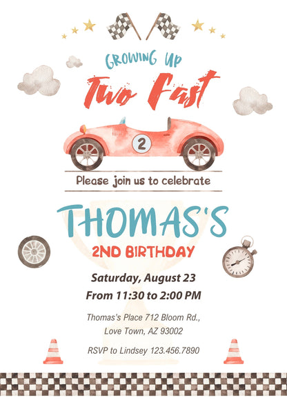Race Car 2nd Bday Watercolor customizable invitation template | Share or Print | boy | LG319