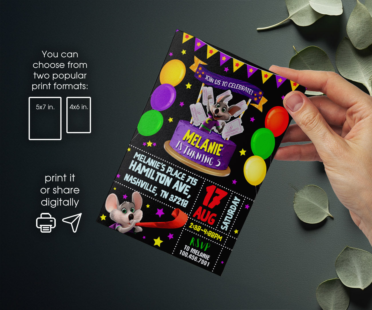 Chuck E. Cheese customizable invitation template | Share or Print | QS832