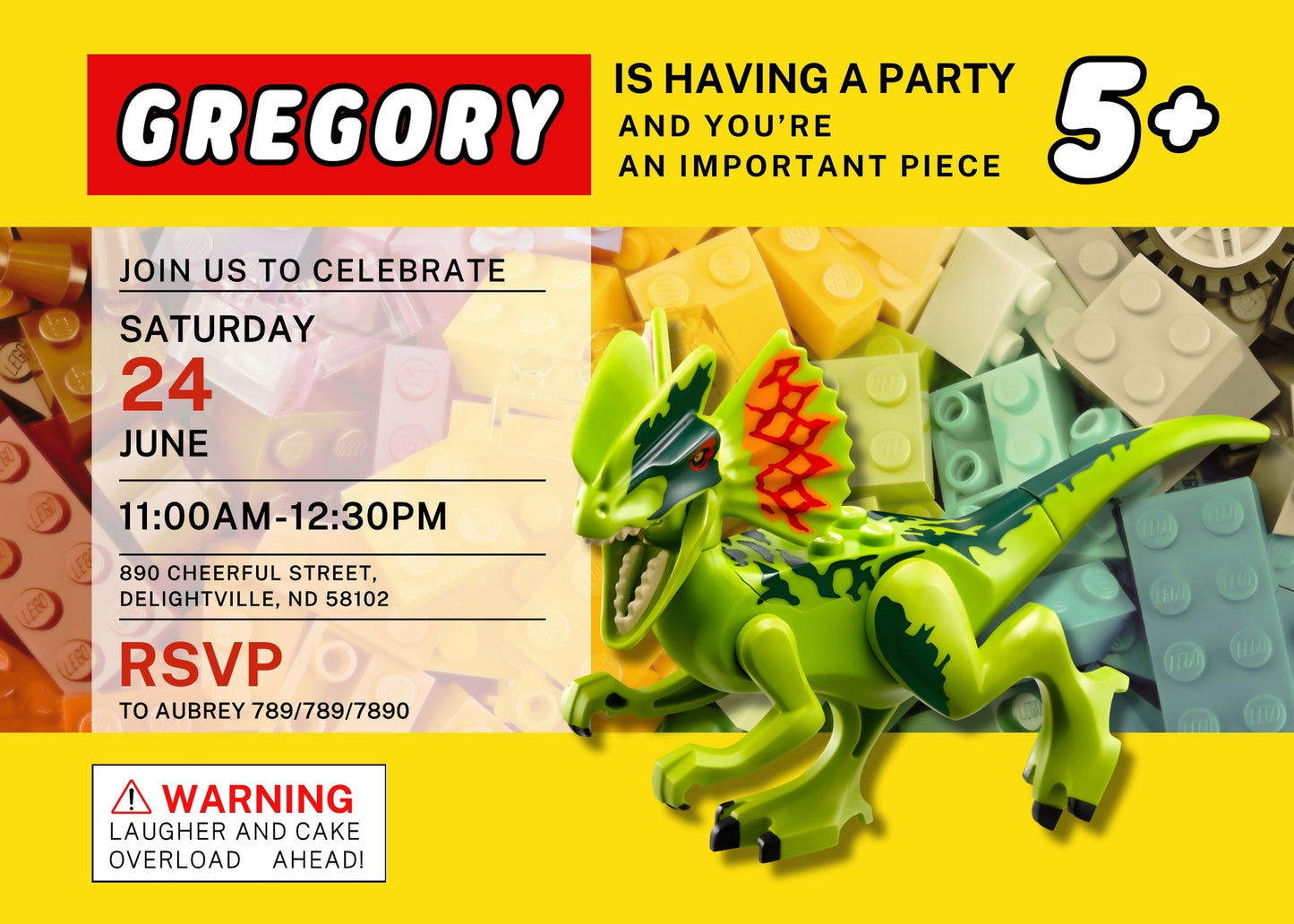 Lego Dinosaur T-Rex customizable invitation template | Share or Print | EK934
