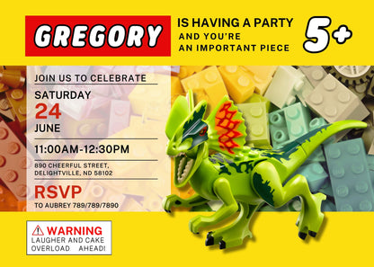 Lego Dinosaur T-Rex customizable invitation template | Share or Print | EK934