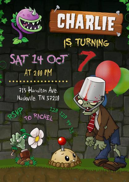 Plants vs Zombies Gamer customizable invitation template | Share or Print | HC314