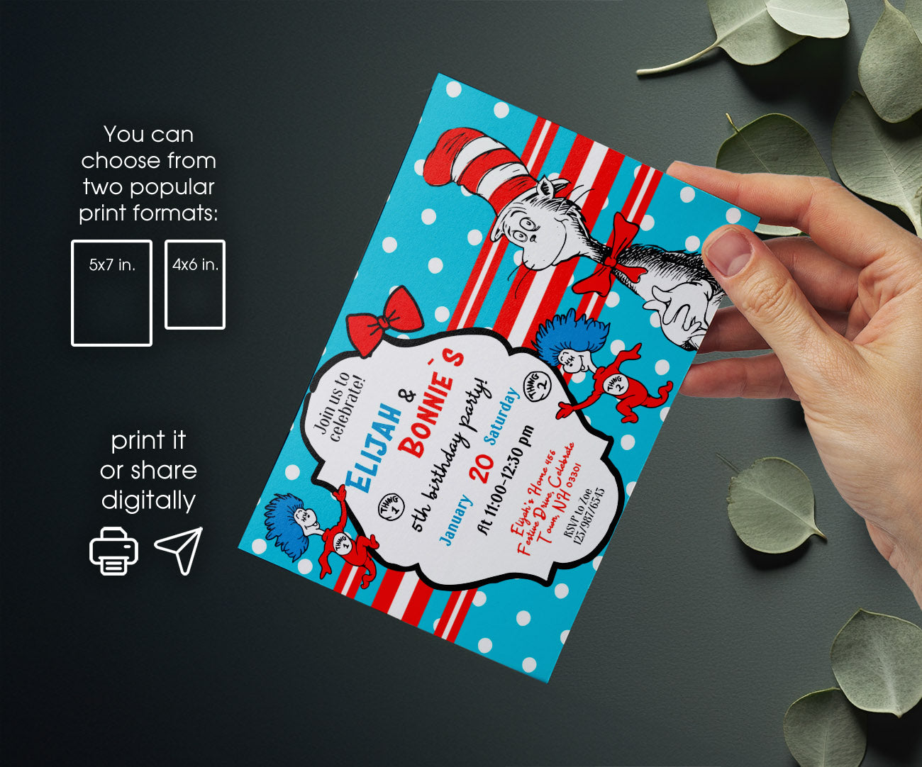 Dr Seuss The Cat in the Hat Twins customizable invitation template | Share or Print | IT925