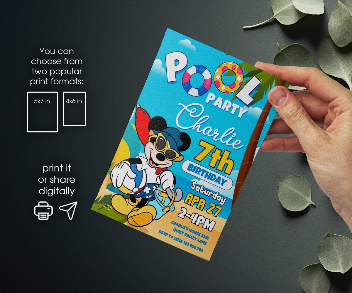 Mickey Mouse Pool Party customizable invitation template | Share or Print | DW803
