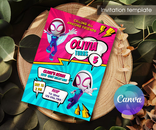 Spider Gwen Ghost Spidey customizable invitation template | Share or Print | girl | UR901