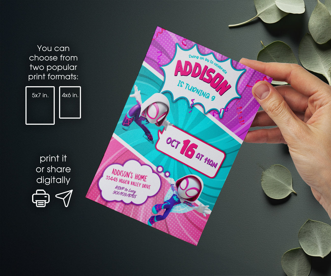 Spider Gwen Ghost Spidey customizable invitation template | Share or Print | girl | KN222