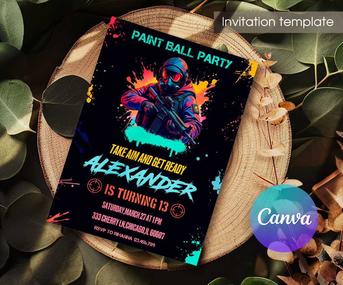 Paintball Airsoft battle customizable invitation template | Share or Print | boy | QK224