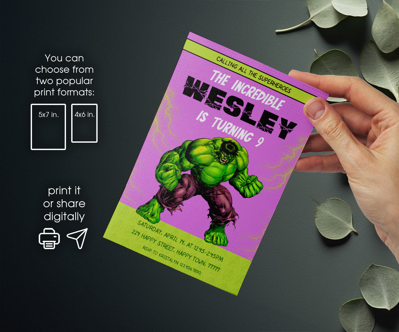 Hulk The Avengers Marvel Superhero customizable invitation template | Share or Print | boy | RD398