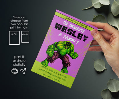 Hulk The Avengers Marvel Superhero customizable invitation template | Share or Print | boy | RD398
