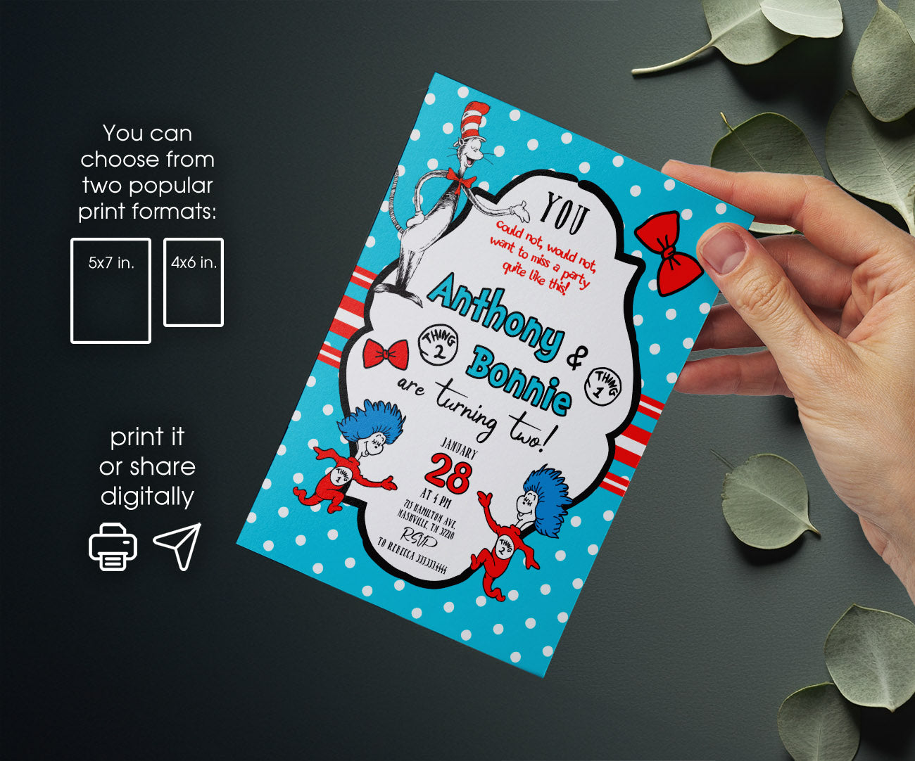 Dr Seuss The Cat in the Hat Twins customizable invitation template | Share or Print | SN601