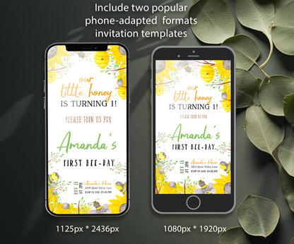 1st Bee Day Party customizable invitation template | Share or Print | BJ453