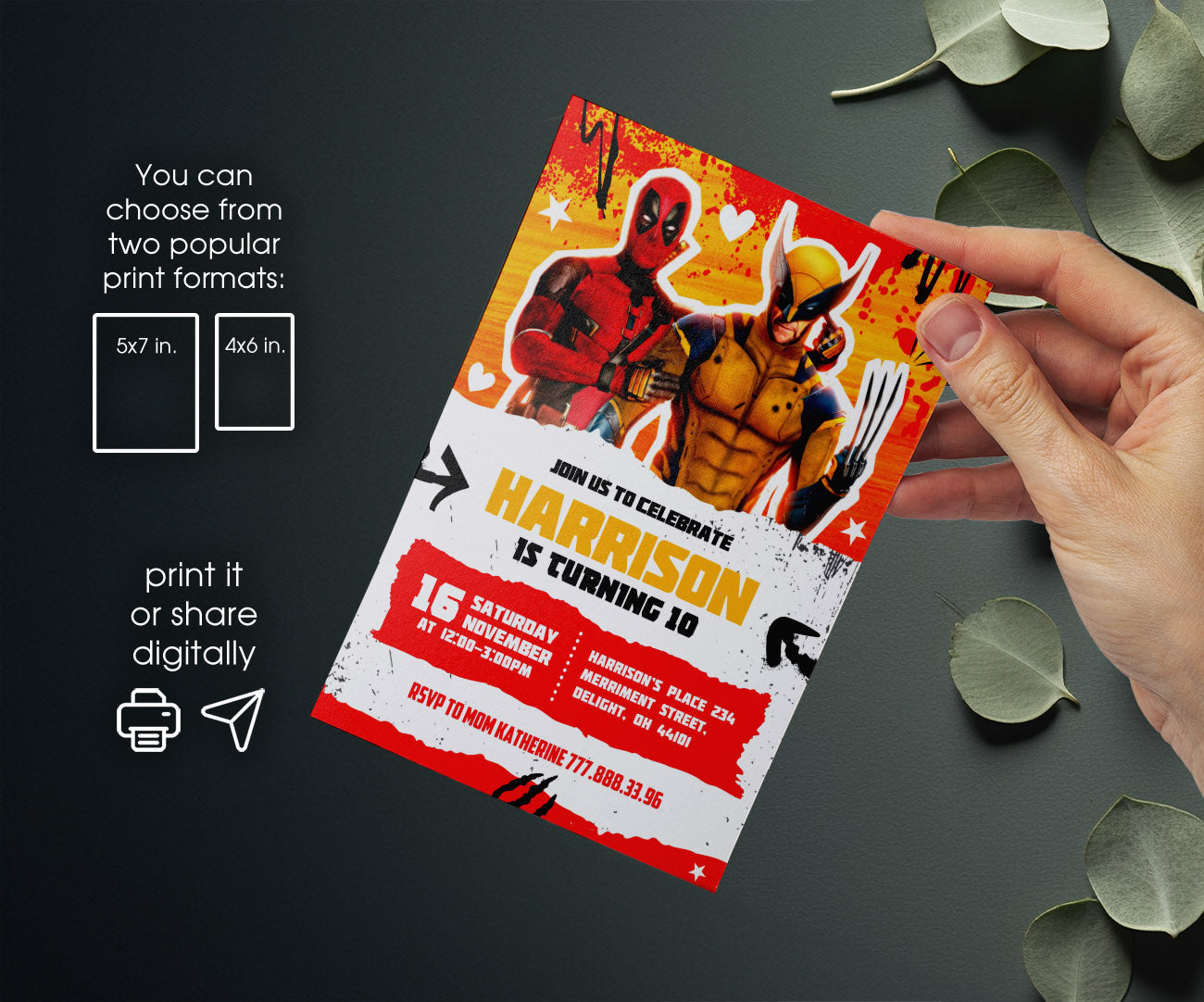 Deadpool Wolverine Marvel customizable invitation template | Share or Print | boy | PA259