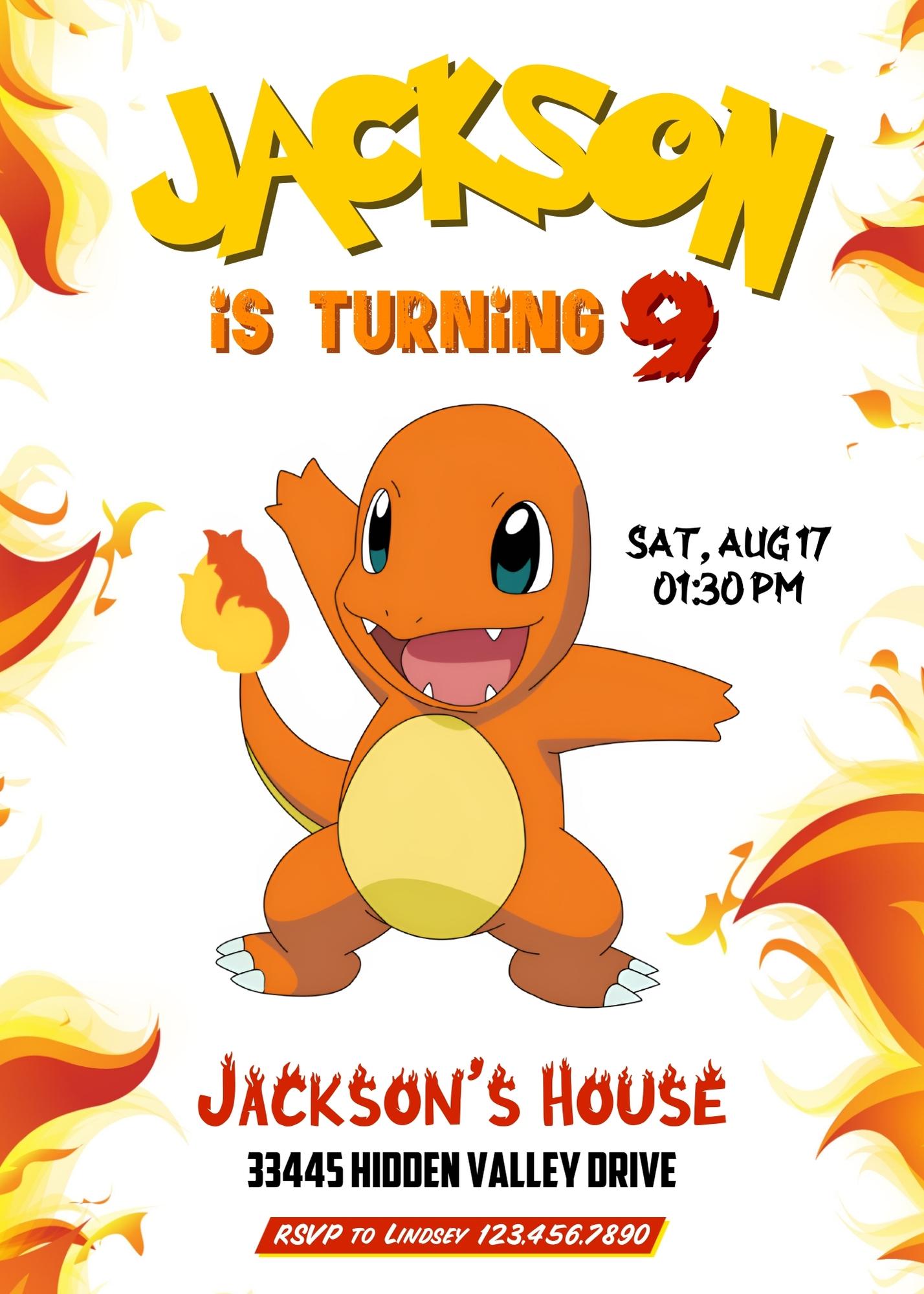 Charmander Pokemon Anime customizable invitation template | Share or Print | KL261