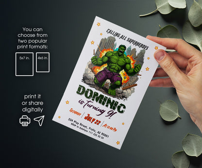 Hulk The Avengers Marvel Superhero customizable invitation template | Share or Print | boy | NS010