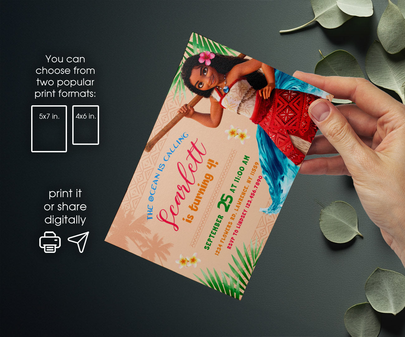 Moana Princess customizable invitation template | Share or Print | girl | QX188