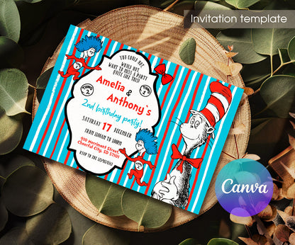 Dr Seuss The Cat in the Hat Twins customizable invitation template | Share or Print | KY860
