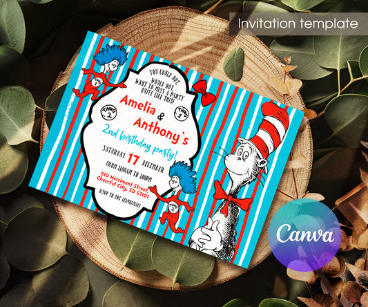 Dr Seuss The Cat in the Hat Twins customizable invitation template | Share or Print | KY860