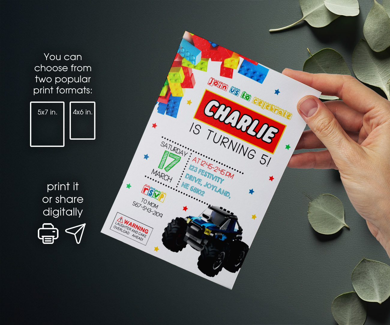 Lego Monster Truck customizable invitation template | Share or Print | boy | RX727