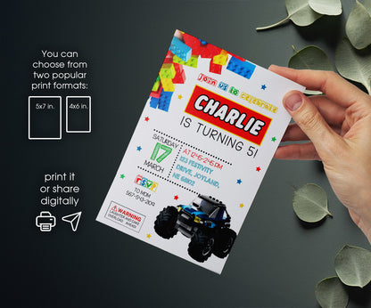 Lego Monster Truck customizable invitation template | Share or Print | boy | RX727