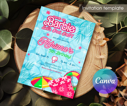 Barbie Pool Pink customizable invitation template | Share or Print | girl | KJ367