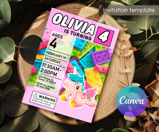 Lego Magical Unicorn customizable invitation template | Share or Print | girl | CT556