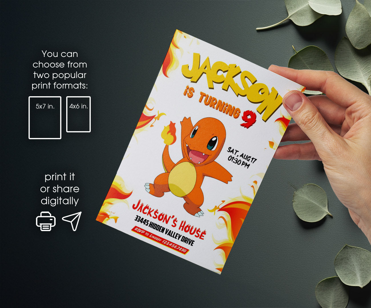 Charmander Pokemon Anime customizable invitation template | Share or Print | KL261