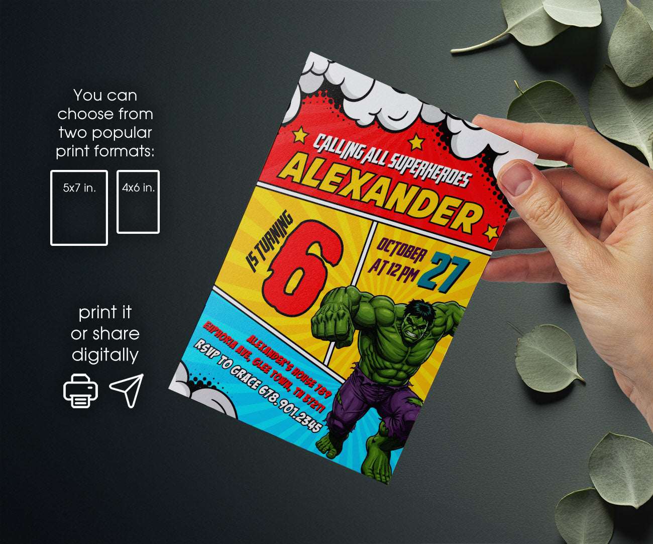 Hulk The Avengers Marvel Superhero customizable invitation template | Share or Print | boy | RM567