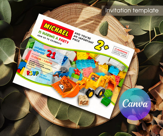Lego Duplo Excavator customizable invitation template | Share or Print | AE340