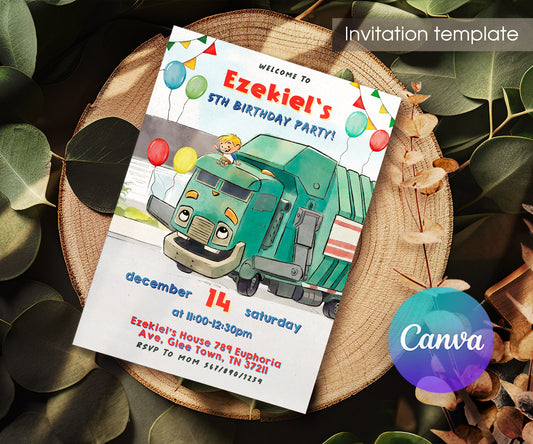 Trash Green Truck customizable invitation template | Share or Print | TQ029