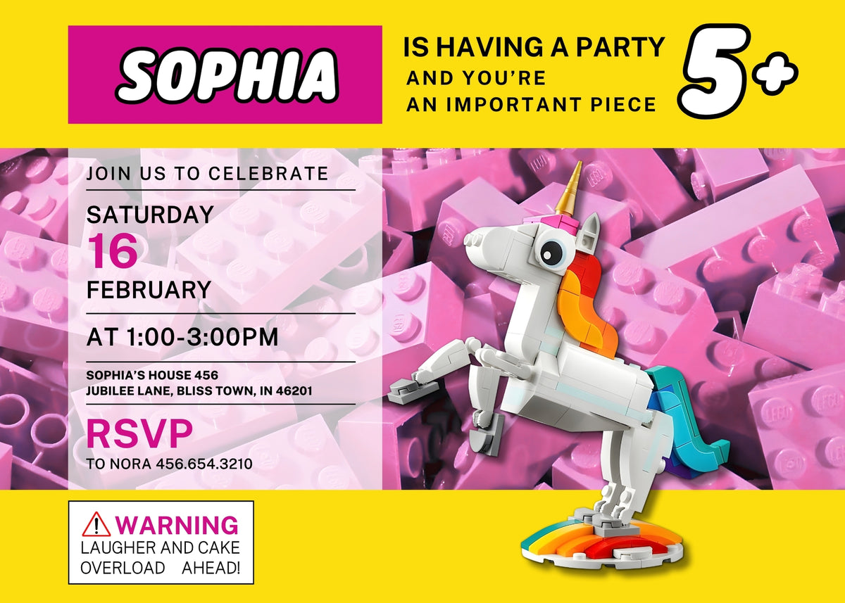 Lego Magical Unicorn customizable invitation template | Share or Print | girl | QI596