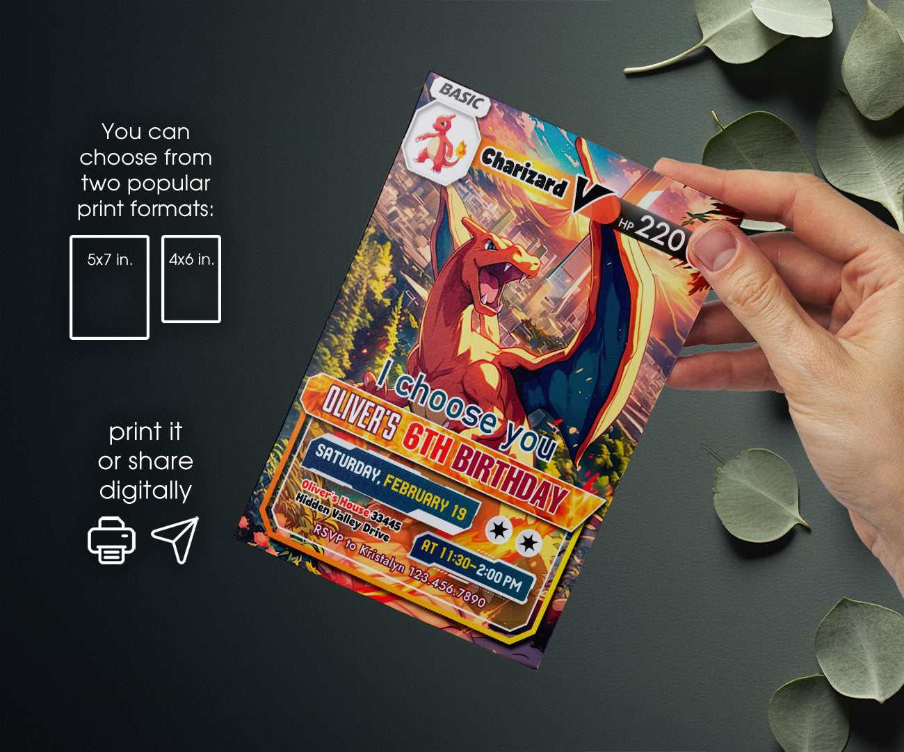 Charizard Pokemon Anime customizable invitation template | Share or Print | YJ604