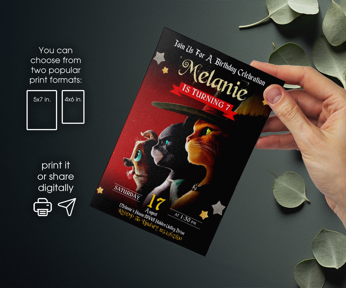Puss in Boots Cat Shrek customizable invitation template | Share or Print | ND863