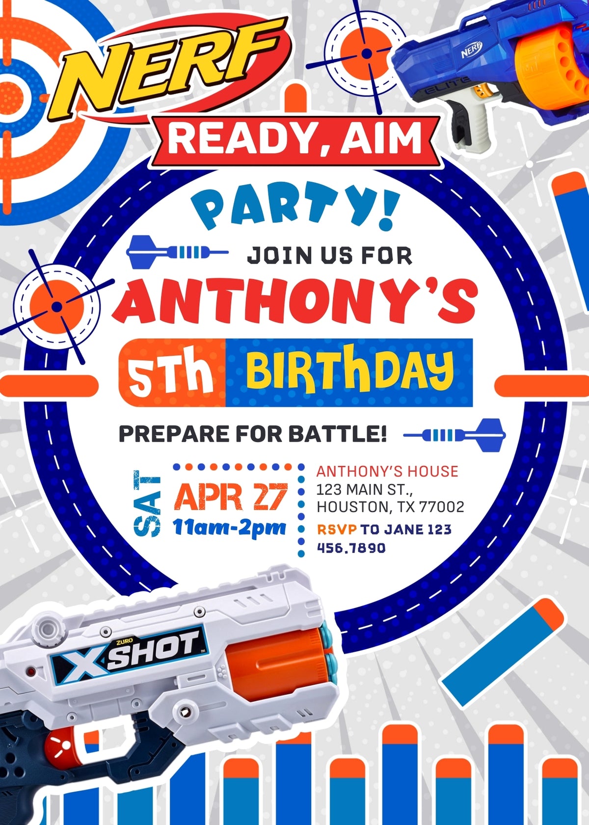 NERF Dart Wars customizable invitation template | Share or Print | boy | CU036