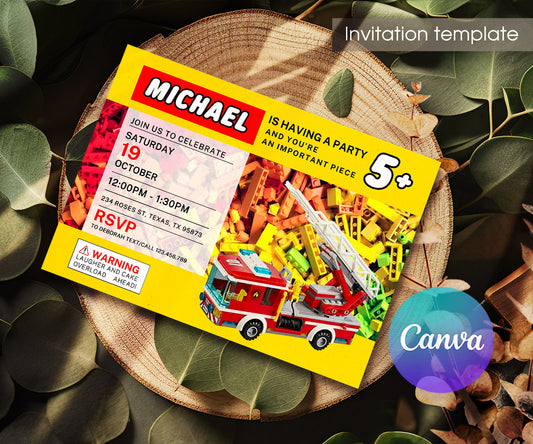 Lego Fire Truck customizable invitation template | Share or Print | boy | KO920