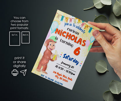 Curious George Monkey customizable invitation template | Share or Print | GS121