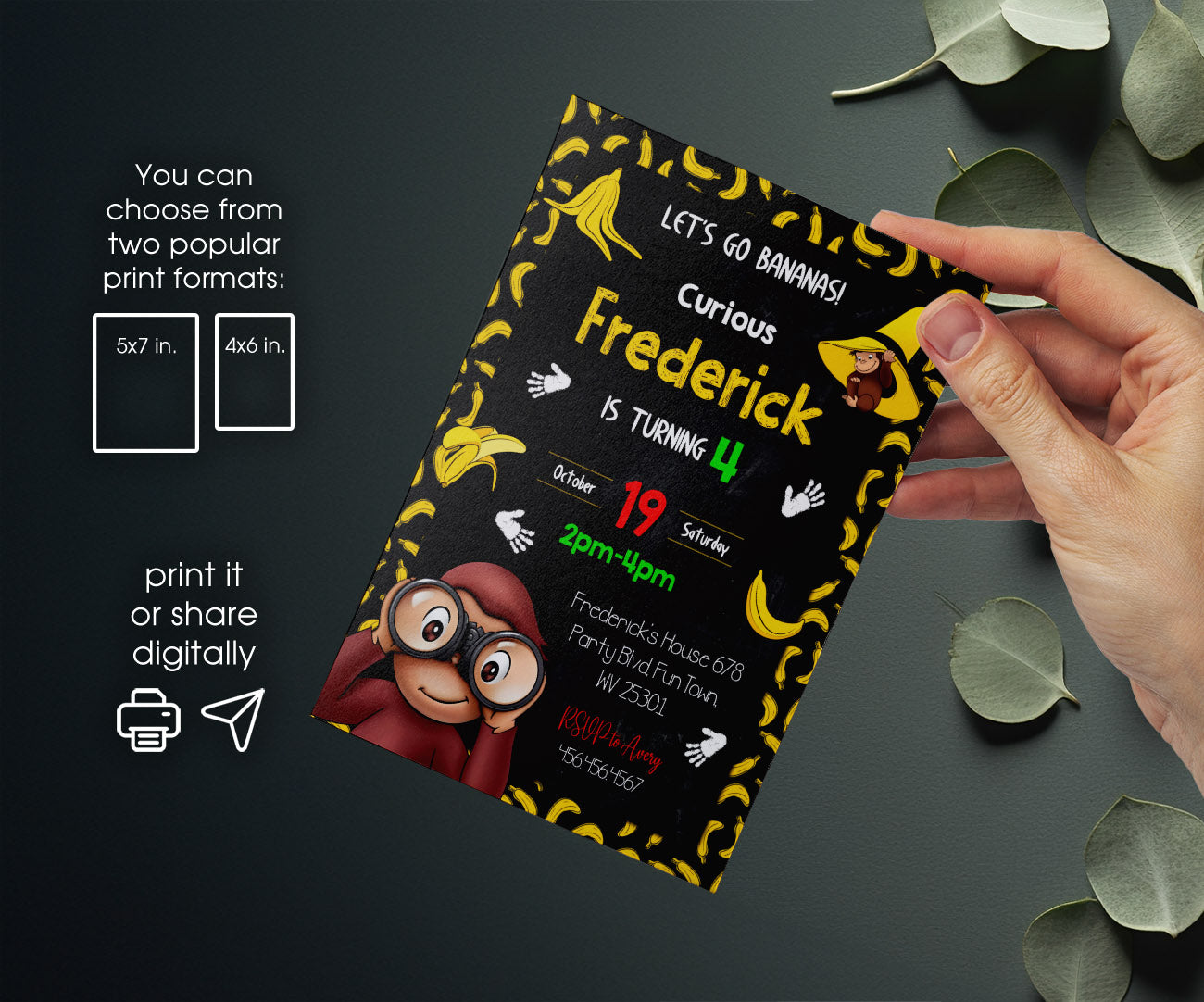 Curious George Monkey customizable invitation template | Share or Print | RT732