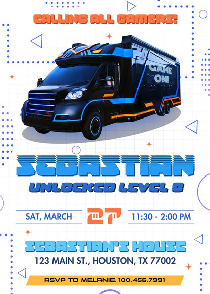 Video Game Bus Gamer customizable invitation template | Share or Print | boy | IJ347