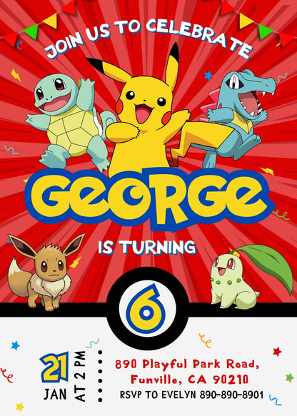 Pokemon Pikachu customizable invitation template | Share or Print | BB892