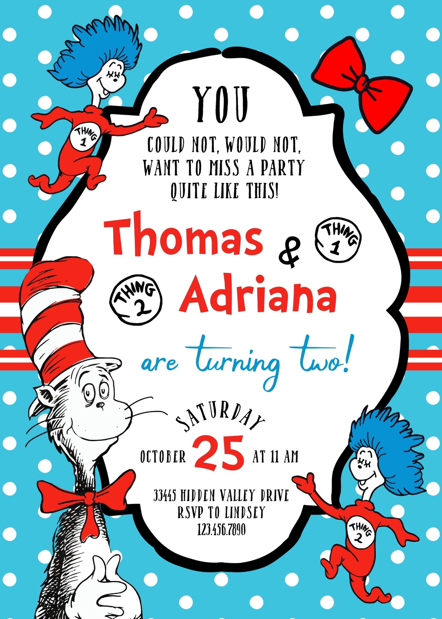 Dr Seuss The Cat in the Hat Twins customizable invitation template | Share or Print | BZ945