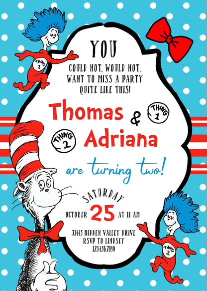 Dr Seuss The Cat in the Hat Twins customizable invitation template | Share or Print | BZ945