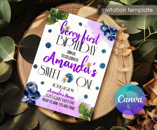 Berry First Birthday customizable invitation template | Share or Print | girl | PL755