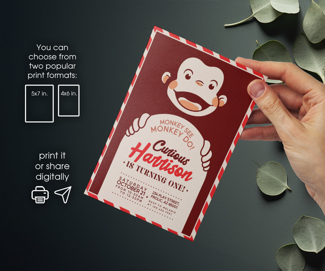 Curious George Monkey customizable invitation template | Share or Print | JD203