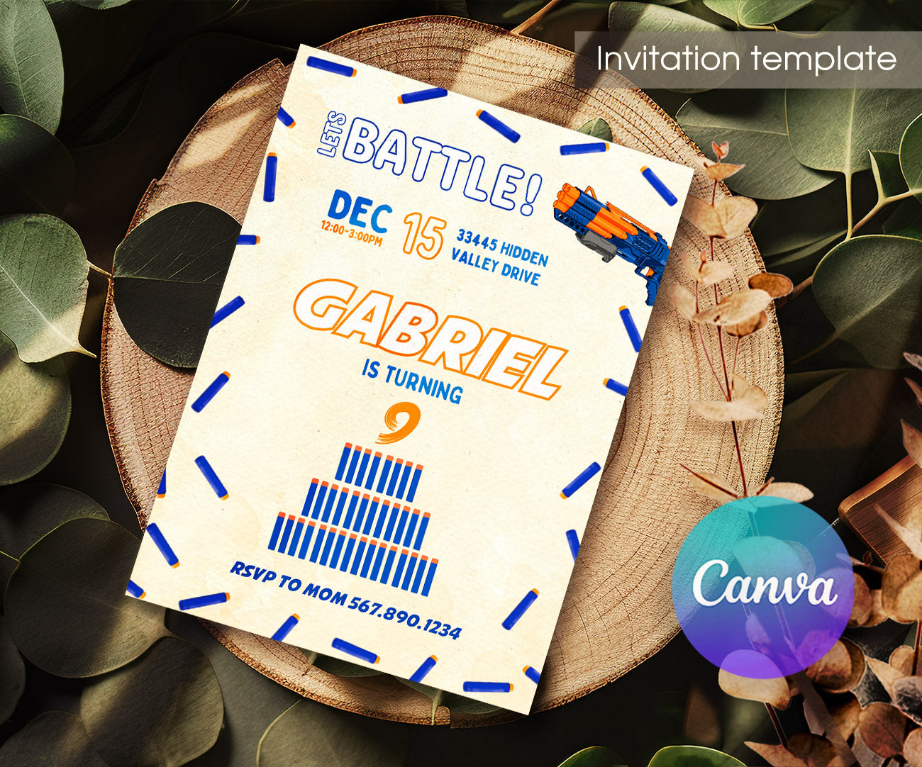 NERF Dart Wars customizable invitation template | Share or Print | boy | EO657