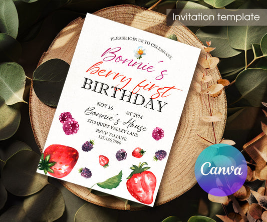Berry First Birthday customizable invitation template | Share or Print | girl | SN041