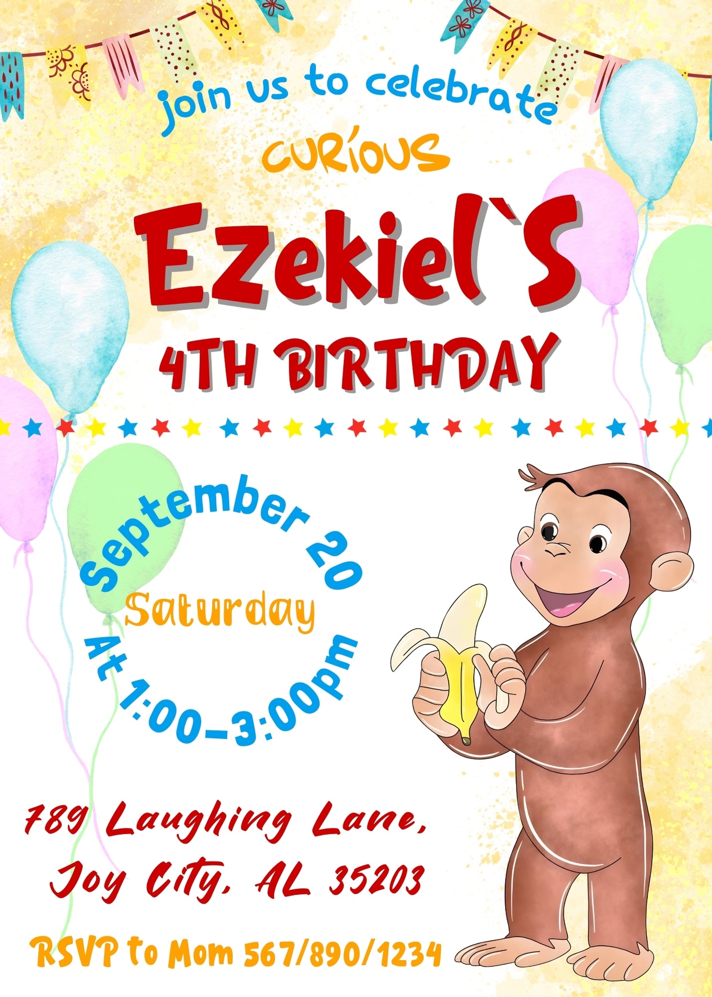 Curious George Monkey customizable invitation template | Share or Print | TH494