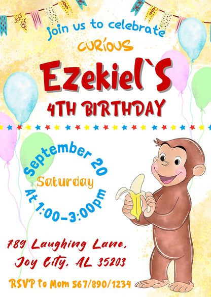 Curious George Monkey customizable invitation template | Share or Print | TH494